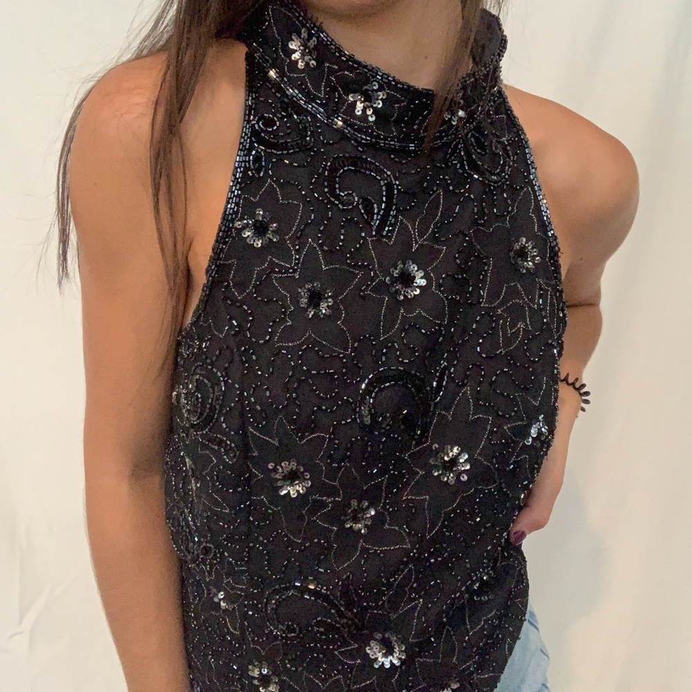 mock neck bejeweled black and silver party top